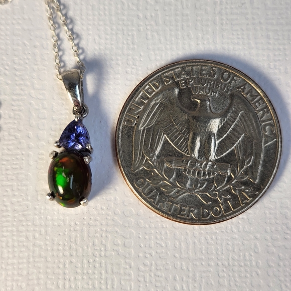 VID! 925 Natural Ethiopian Black Opal & Tanzanite Pendant Charm Necklace, Italy - Picture 5 of 14
